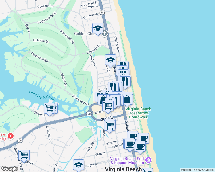 map of restaurants, bars, coffee shops, grocery stores, and more near 311 33rd Street in Virginia Beach