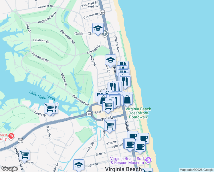 map of restaurants, bars, coffee shops, grocery stores, and more near 311 33rd Street in Virginia Beach