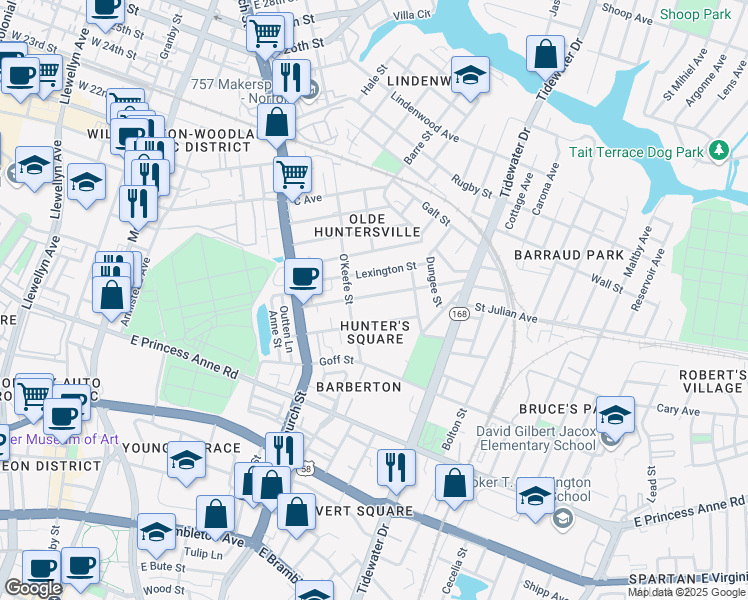 map of restaurants, bars, coffee shops, grocery stores, and more near in Norfolk