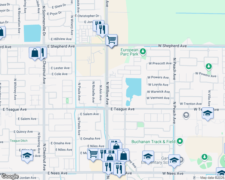 map of restaurants, bars, coffee shops, grocery stores, and more near 780 West Brittany Lane in Clovis