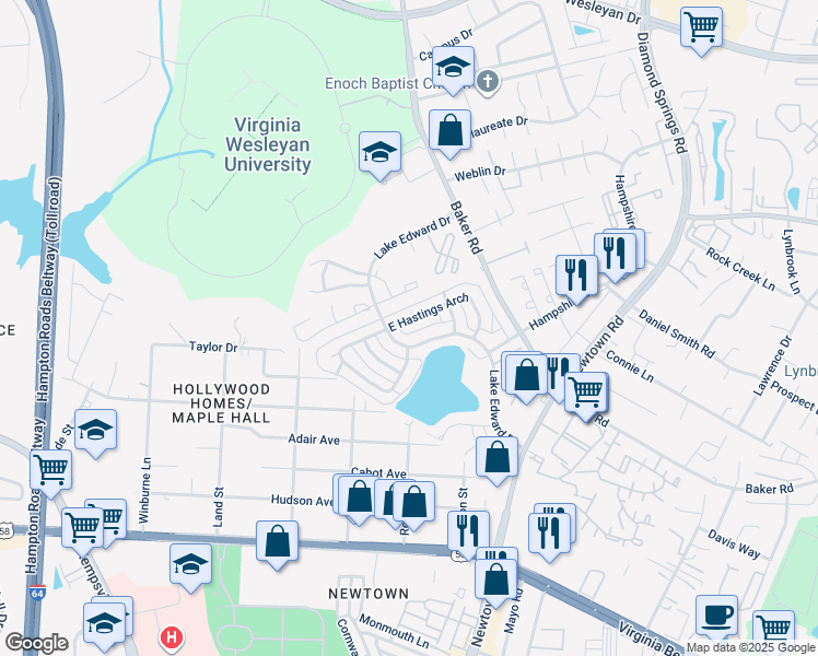 map of restaurants, bars, coffee shops, grocery stores, and more near 5839 East Hastings Arch in Virginia Beach