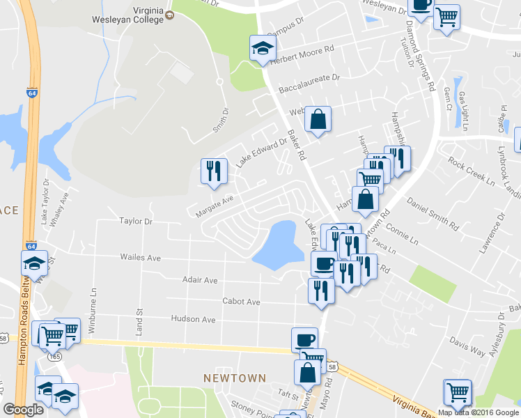 map of restaurants, bars, coffee shops, grocery stores, and more near 5839 East Hastings Arch in Virginia Beach