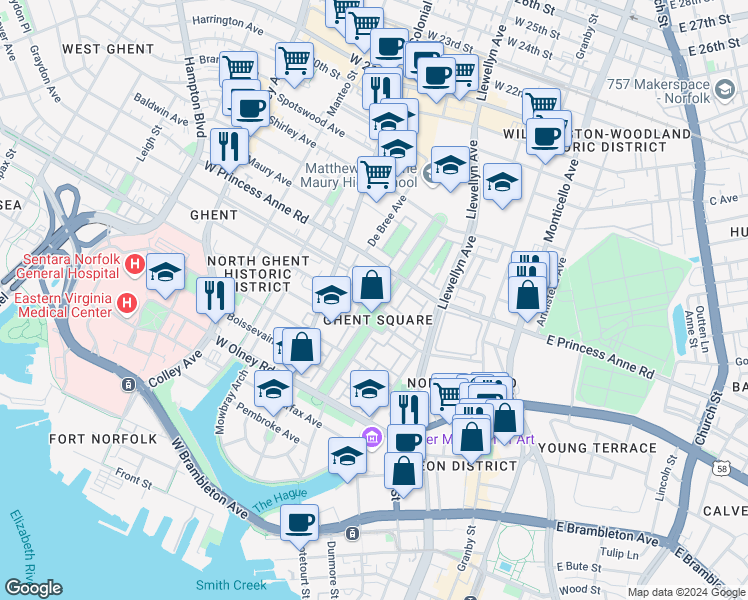 map of restaurants, bars, coffee shops, grocery stores, and more near 919 Botetourt Gardens in Norfolk