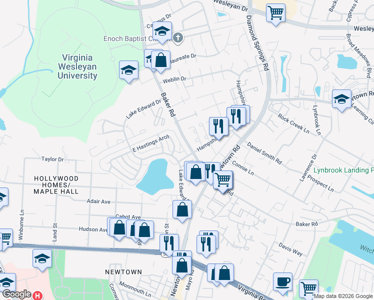 map of restaurants, bars, coffee shops, grocery stores, and more near 5726 Hampshire Lane in Virginia Beach