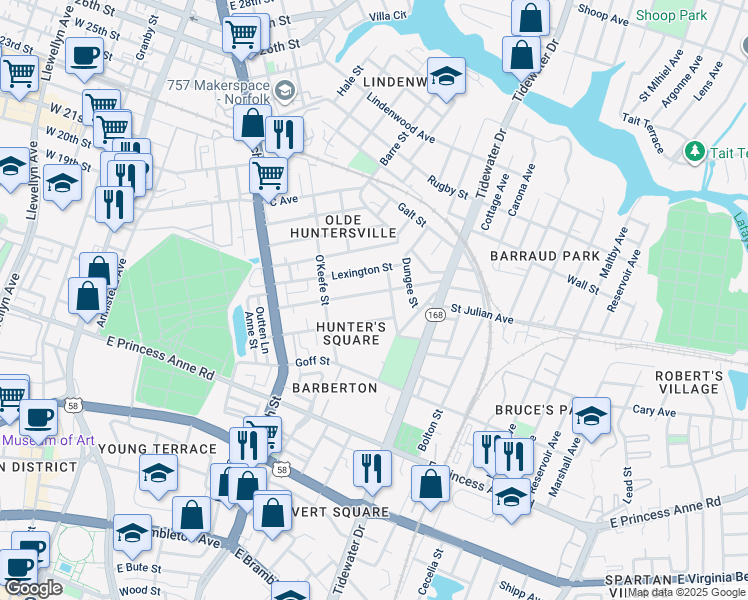 map of restaurants, bars, coffee shops, grocery stores, and more near 879 Washington Avenue in Norfolk