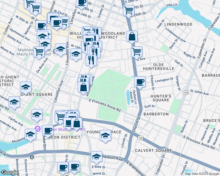 map of restaurants, bars, coffee shops, grocery stores, and more near 238 East Princess Anne Road in Norfolk