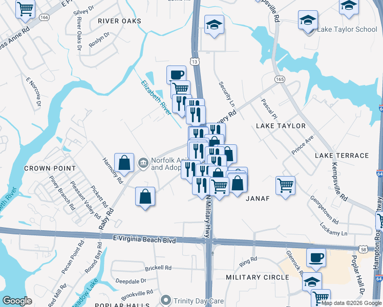 map of restaurants, bars, coffee shops, grocery stores, and more near 1157 North Military Highway in Norfolk