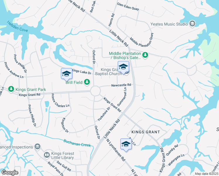 map of restaurants, bars, coffee shops, grocery stores, and more near 3433 Newcastle Road in Virginia Beach