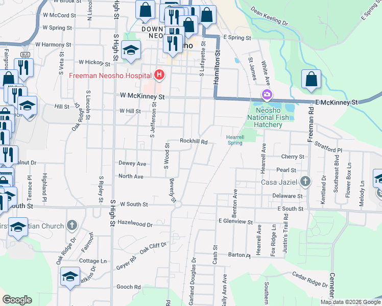 map of restaurants, bars, coffee shops, grocery stores, and more near 300-320 Robinson Ave in Neosho