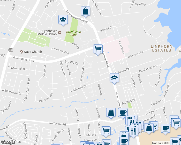 map of restaurants, bars, coffee shops, grocery stores, and more near 1087 Hanson Way in Virginia Beach