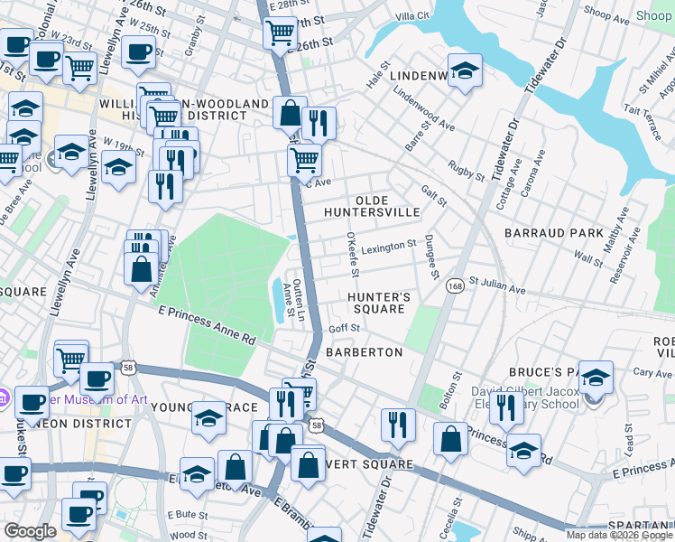 map of restaurants, bars, coffee shops, grocery stores, and more near 1415 O'Keefe Street in Norfolk