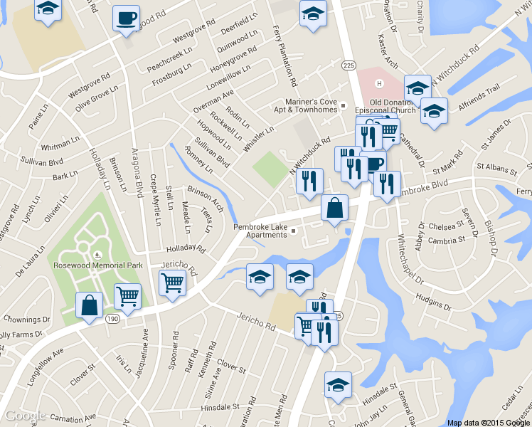map of restaurants, bars, coffee shops, grocery stores, and more near 4744 Windermere Court in Virginia Beach