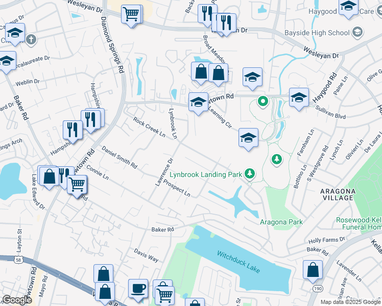 map of restaurants, bars, coffee shops, grocery stores, and more near 5524 Gosling Court in Virginia Beach