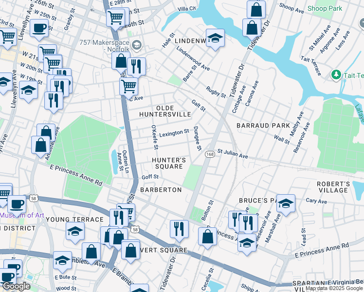map of restaurants, bars, coffee shops, grocery stores, and more near 886S Johnson Avenue in Norfolk