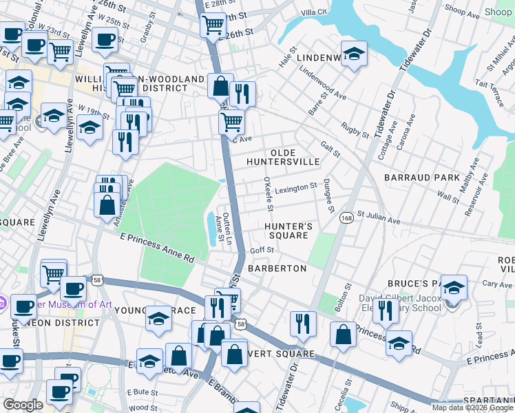 map of restaurants, bars, coffee shops, grocery stores, and more near 1415 O'Keefe Street in Norfolk