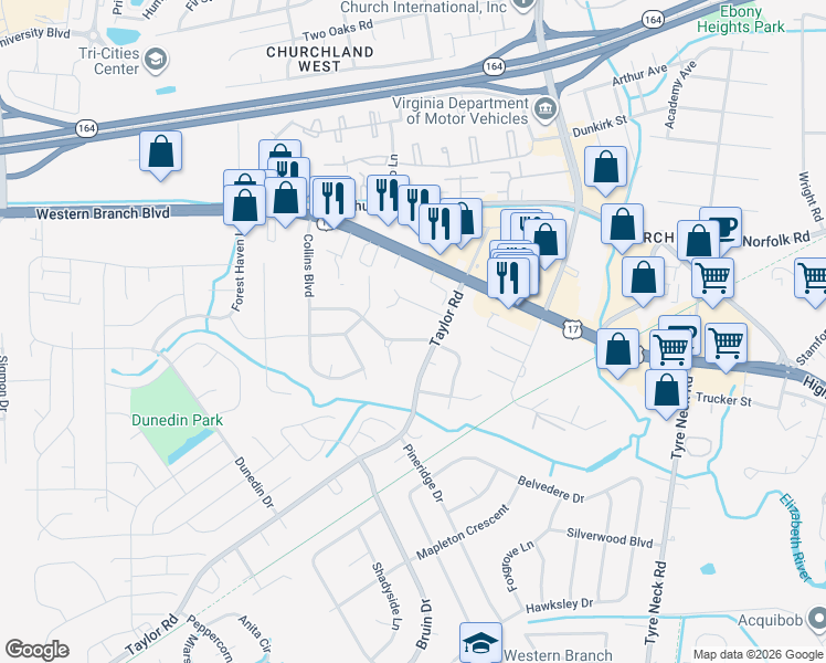 map of restaurants, bars, coffee shops, grocery stores, and more near 4416 Greendell Road in Chesapeake