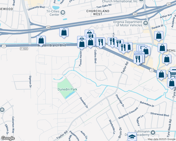 map of restaurants, bars, coffee shops, grocery stores, and more near 3437 Bernies Court North in Chesapeake