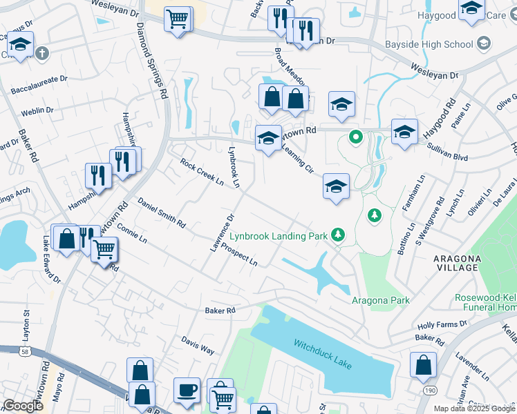 map of restaurants, bars, coffee shops, grocery stores, and more near 5524 Gosling Court in Virginia Beach
