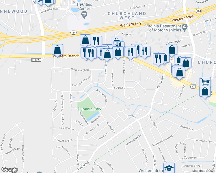 map of restaurants, bars, coffee shops, grocery stores, and more near 4540 Ashland Drive in Chesapeake