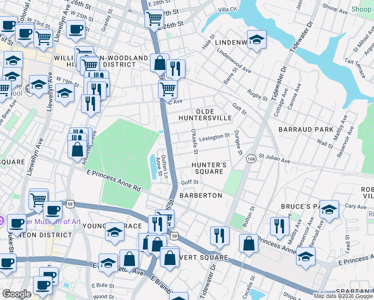 map of restaurants, bars, coffee shops, grocery stores, and more near 1415 O'Keefe Street in Norfolk