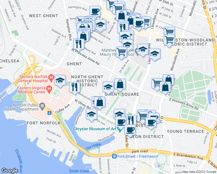 map of restaurants, bars, coffee shops, grocery stores, and more near 918 Colonial Avenue in Norfolk