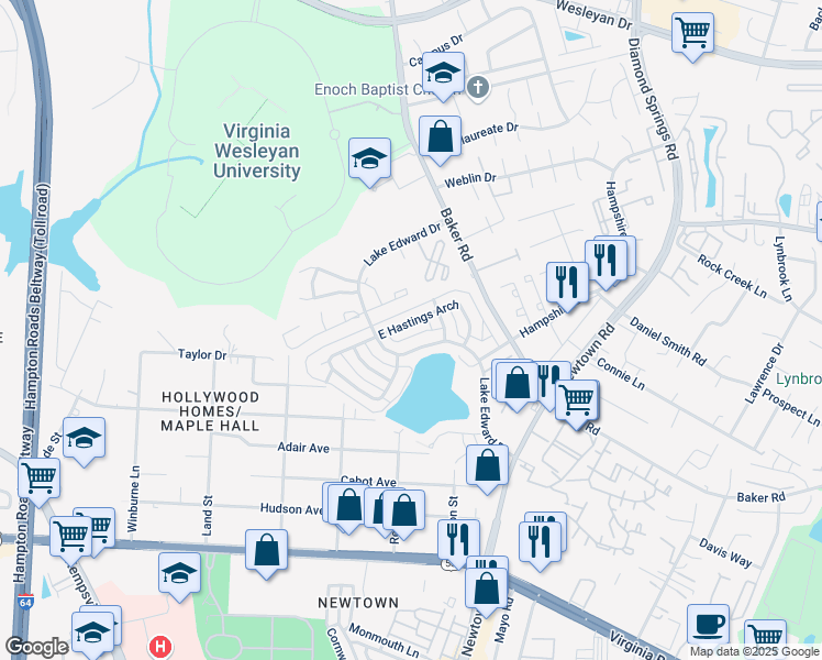 map of restaurants, bars, coffee shops, grocery stores, and more near 5814 East Hastings Arch in Virginia Beach