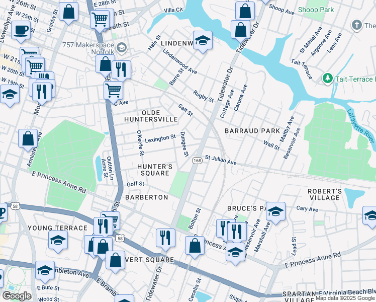 map of restaurants, bars, coffee shops, grocery stores, and more near 1468 Dungee Street in Norfolk