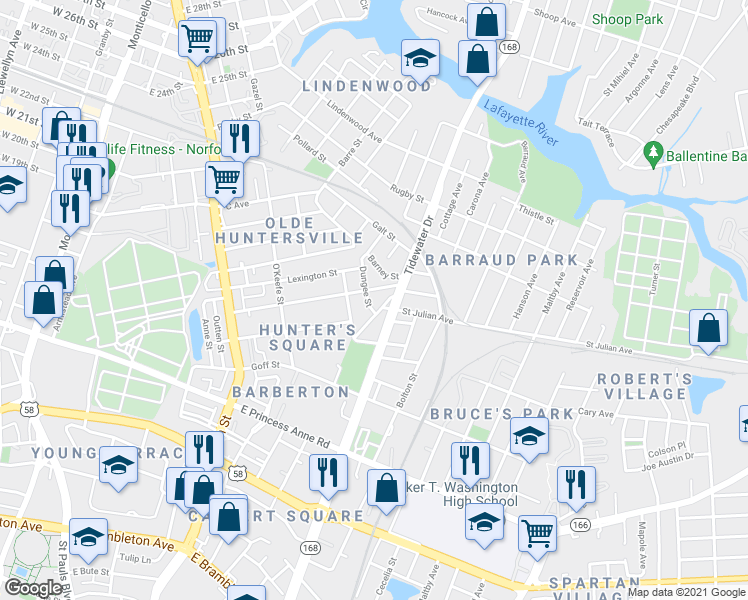 map of restaurants, bars, coffee shops, grocery stores, and more near 1468 Dungee Street in Norfolk