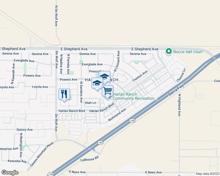 map of restaurants, bars, coffee shops, grocery stores, and more near 1783 North Leonard Avenue in Clovis