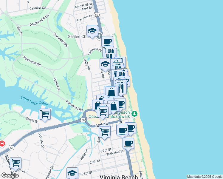 map of restaurants, bars, coffee shops, grocery stores, and more near 3330 Pacific Avenue in Virginia Beach