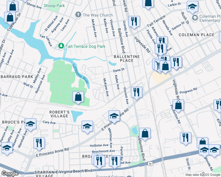 map of restaurants, bars, coffee shops, grocery stores, and more near 2301 Keller Avenue in Norfolk