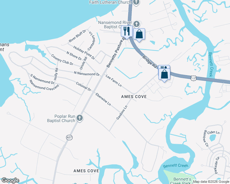map of restaurants, bars, coffee shops, grocery stores, and more near Lee Farm Lane in Suffolk