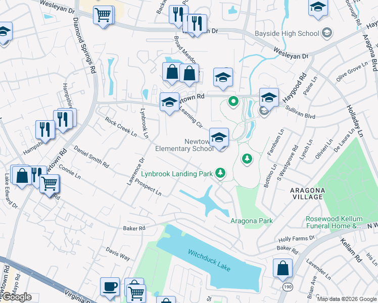 map of restaurants, bars, coffee shops, grocery stores, and more near 715 Goose Creek Court in Virginia Beach