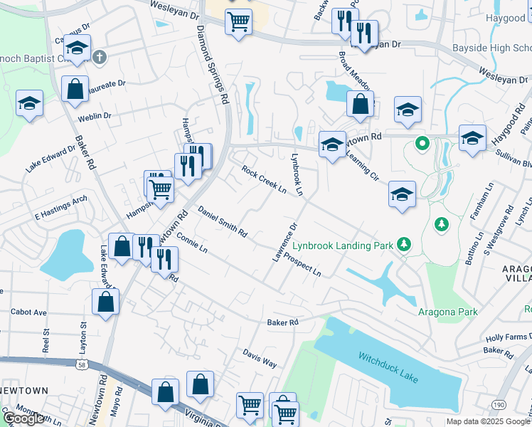 map of restaurants, bars, coffee shops, grocery stores, and more near 733 Cason Lane in Virginia Beach