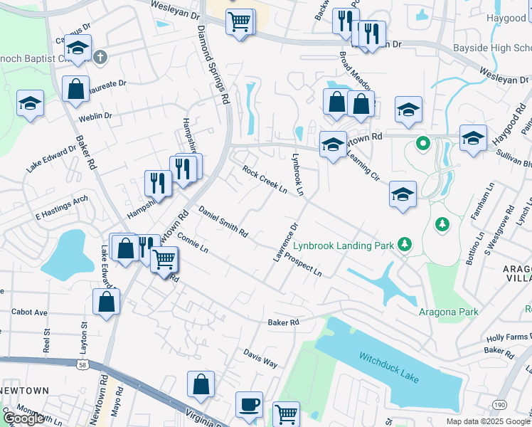 map of restaurants, bars, coffee shops, grocery stores, and more near 733 Cason Lane in Virginia Beach