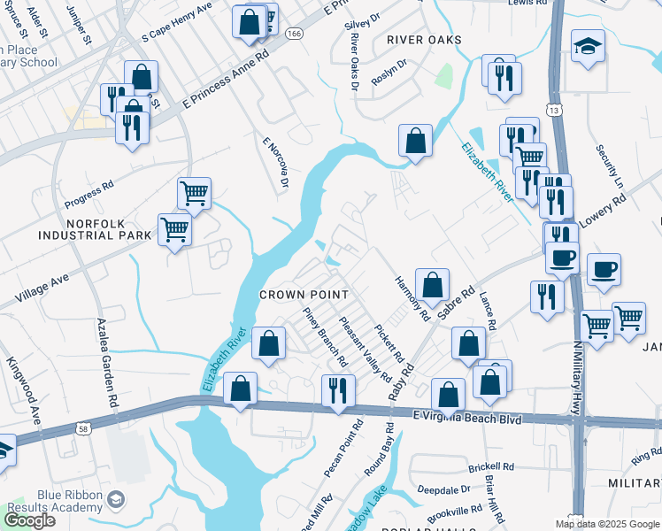 map of restaurants, bars, coffee shops, grocery stores, and more near 5394 Greenplain Road in Norfolk