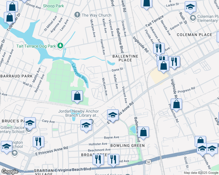 map of restaurants, bars, coffee shops, grocery stores, and more near 2301 Keller Avenue in Norfolk