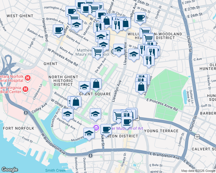 map of restaurants, bars, coffee shops, grocery stores, and more near 1204 Botetourt Gardens in Norfolk