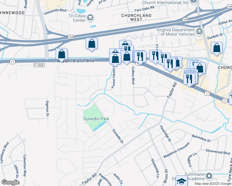 map of restaurants, bars, coffee shops, grocery stores, and more near 4540 Ashland Drive in Chesapeake