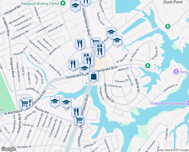 map of restaurants, bars, coffee shops, grocery stores, and more near 700 Independence Boulevard in Virginia Beach