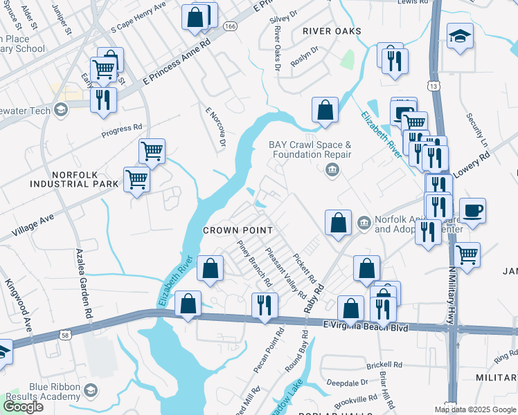 map of restaurants, bars, coffee shops, grocery stores, and more near 5424 Greenplain Road in Norfolk