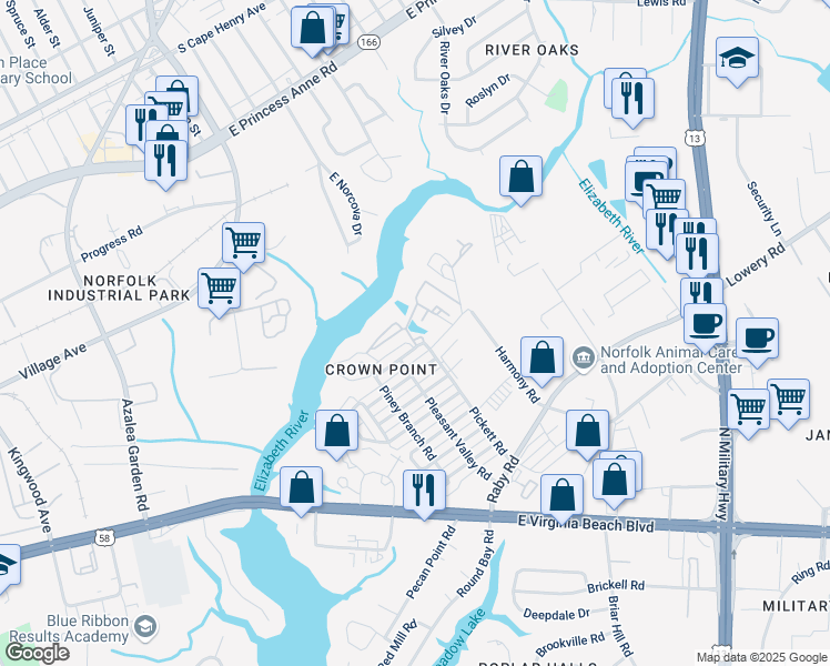 map of restaurants, bars, coffee shops, grocery stores, and more near 5424 Greenplain Road in Norfolk