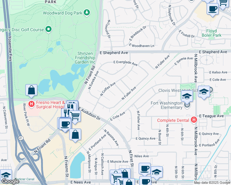 map of restaurants, bars, coffee shops, grocery stores, and more near 344 East Avante Avenue in Fresno