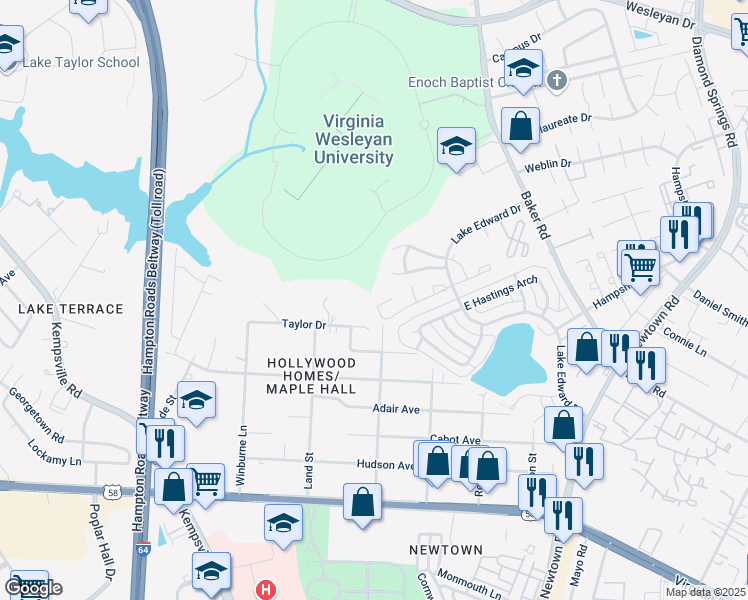 map of restaurants, bars, coffee shops, grocery stores, and more near 6002 Margate Avenue in Virginia Beach