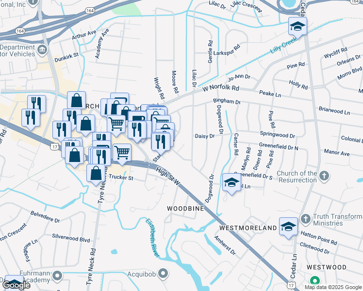 map of restaurants, bars, coffee shops, grocery stores, and more near 5608 Danvers Court in Portsmouth