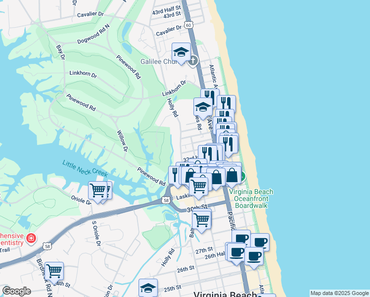 map of restaurants, bars, coffee shops, grocery stores, and more near 409 34th Half Street in Virginia Beach