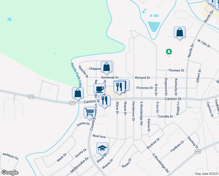 map of restaurants, bars, coffee shops, grocery stores, and more near 301-399 Indian Trail in Hopkinsville