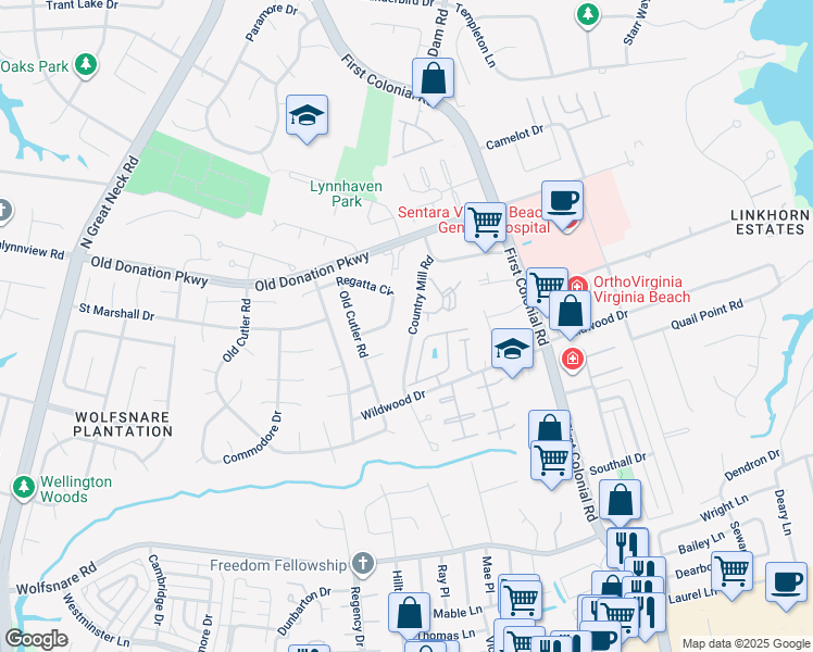map of restaurants, bars, coffee shops, grocery stores, and more near 1057 Country Mill Rd in Virginia Beach