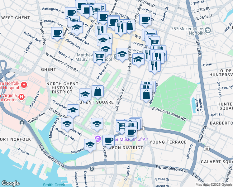 map of restaurants, bars, coffee shops, grocery stores, and more near 351 Pender Court in Norfolk