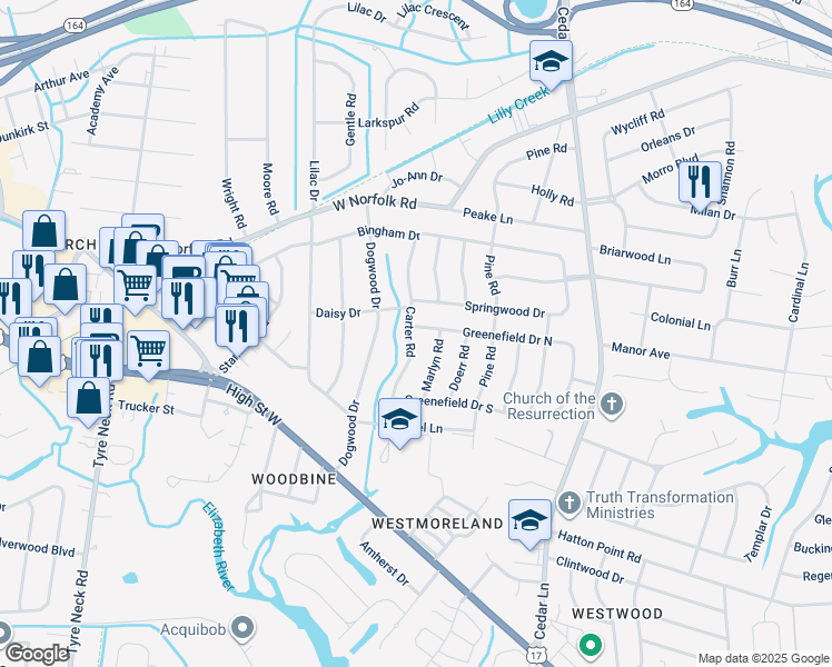 map of restaurants, bars, coffee shops, grocery stores, and more near 5635 Greenefield Drive North in Portsmouth